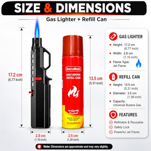 Image of INSTAMALL Windproof Refillable Ignition Flame Torch Butane Lighter with 100ml Gas Refill Can, Multicolor (Flame +Bottle)