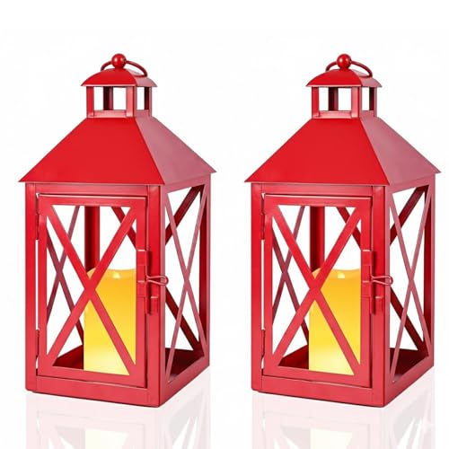 Bdor Christmas Lantern Decoration with LED Candle – Red Metal...