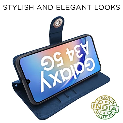 Image of Pikkme Samsung Galaxy A34 5G Flip Cover Leather Finish | Inside TPU with Card Pockets | Wallet Stand and Shock Proof | Complete Protection Button Flip Case (Blue)