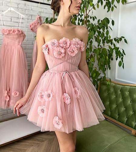Strapless Tulle Short Homecoming Dresses for Teens Flowers A Line Cocktail Party Gowns3