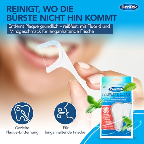 DenTek Complete Clean Zahnseide Sticks (40 Stk.) – Zahnsticks mit Minzgeschmack – Für Zahnzwischenräume – Flosser mit Zungenschaber und Zahnstocher für frischen Atem und Zahngesundheit