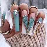 YoYoee Luxury Blue Fake Nails Coffin Long Press on Nails Acrylics Full Cover Rhinestones False Nails