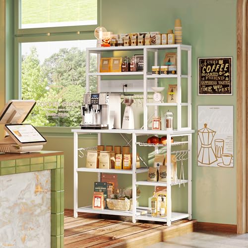 Image of SUPERJARE Large Bakers Rack with Power Outlets, 6-Tier Microwave Stand, Coffee Bar with 12 S-Shaped Hooks, Kitchen Shelf with Wire Basket, 39.4 x 14.6X 66.9 Inches, White