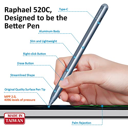 Image of RENAISSER Raphael 520C Stylus Pen for Surface, USB-C Charging, Designed in Houston, Made in Taiwan, 4096 Pressure Sensitivity, Match Surface Pro 9 & Pro 8 /Laptop 5, Magnetic Attachment
