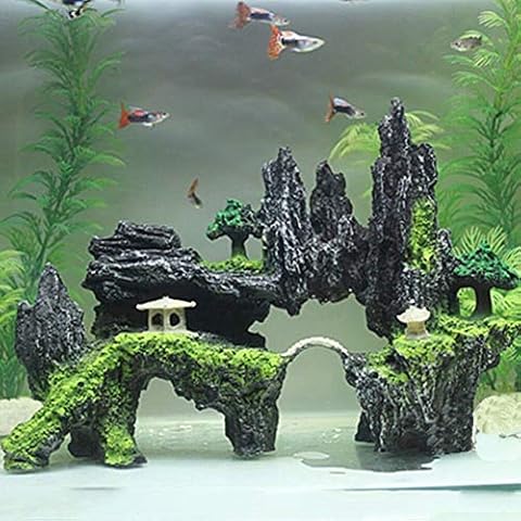 KeKeandYaoYao Aquarium Mountain Rock View Cave Tree Bridge Fish Tank Ornament Rockery Decor - L Cover