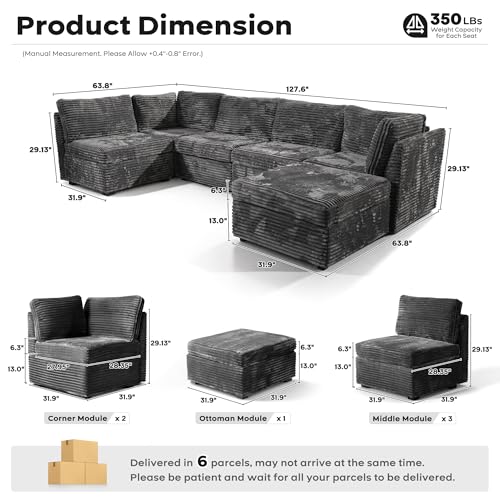 Image of ovios Modular Sectional Sofa Couch with Sofa Bed L-Shape Chaise, Comfy Plush Corduroy Cloud Couches, Modern Luxury Deep Seat Sofas Set for Living Room, 6-Seater, Grey