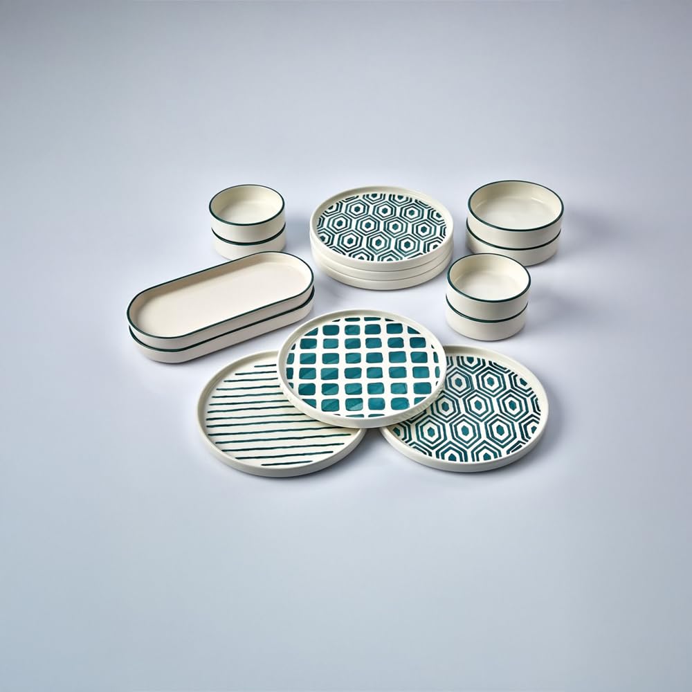 14-częściowy zestaw śniadaniowy dla 6 osób – seria Karo Stackable z ceramiki Kütahya – ręcznie robione, ceramiczne naczynia o wysokim połysku i nadające się do układania w stos (zielone)