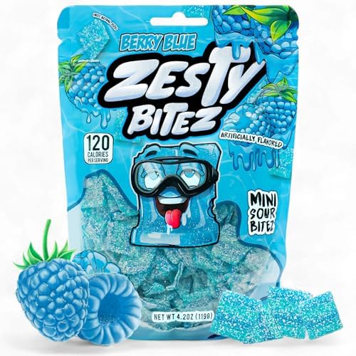 Zesty Bitez Sour Candy Strips Bites – Sour Belts with Intense Tangy Fruity Flavor, Berry Blue (1 Pack)