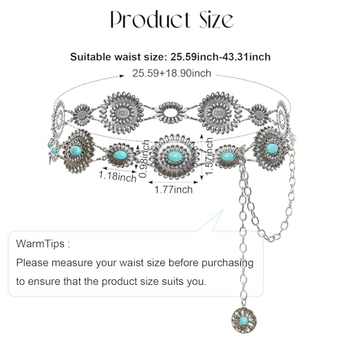 Heliltd 1pc Turquoise Red Stone Metal Chain Waist Belt Western Concho Belt for Women Boho Belts Cowgirl Dress for Jeans Skirt2