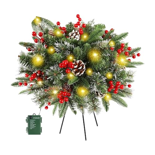 Outdoor Christmas Tree Urn Filler, Battery Operated Pre-lit Xmas Pine Trees, Holiday Porch Decorations for Porch, Yard, Garden, Flower Beds (1PC_Color_01)