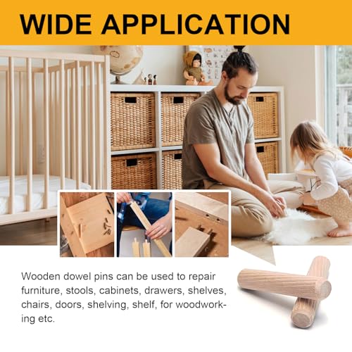 128 Pcs Wooden Dowel Pins, 1/4 x 2 inch Fluted Wood Dowels Hardwood Pegs for Deep Furniture Joints, Wood Signs, Toy Building - Thumbnail 7