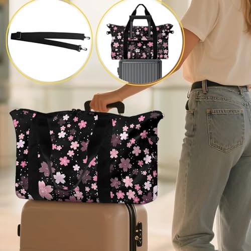 Pink Cherry Blossom Print Sports Duffel Bag 22.24 x 6.3 x 13 In - 30L Large Capacity Carry On Bag with Adjustable Shoulder Strap - Water-Resistant Travel & Gym Holdall with Side Pocket3