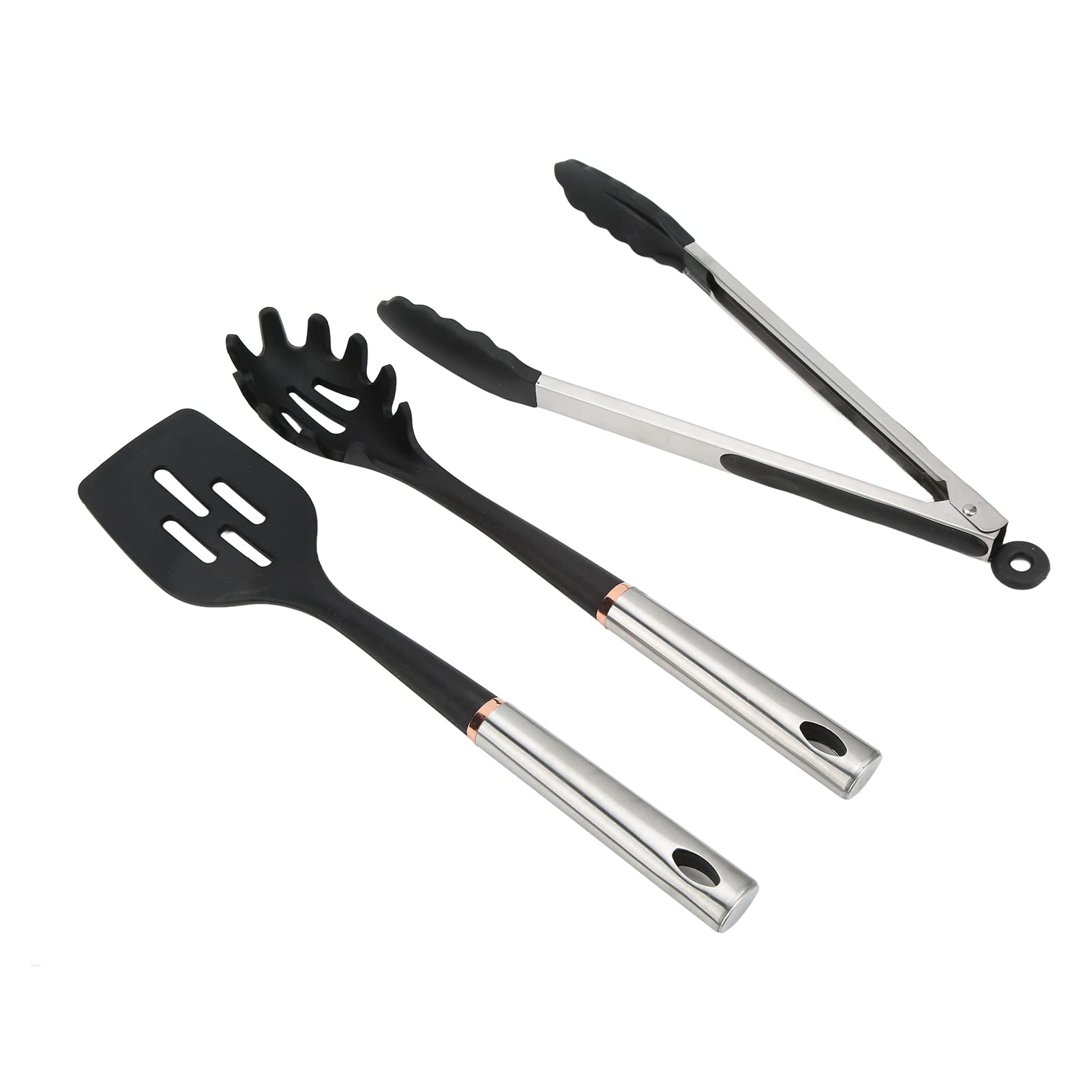 Juego de utensilios de cocina de silicona premium, aislantes del calor y antideslizantes, con cabezales de acero inoxidable para cocineros caseros. Color negro. 14 piezas.