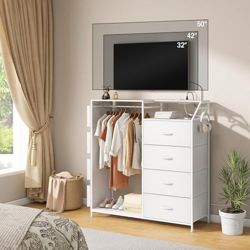 Dresser-with-Charging-Station-LED-Lights-Dresser-for-Bedroom-with-4-Drawers-Fabric-Chest-of-Drawers-with-Clothes-Rack-Storage-Drawer-for-Bedroom-Living-Room-Entryway-White Dresser with Charging Station LED Lights Dresser for Bedroom with 4 Drawers Fabric Chest of Drawers with Clothes Rack Storage Drawer for Bedroom Living Room Entryway White