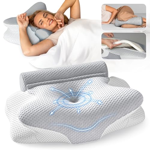 Cervical Neck Pillow for Sleeping, Dreamers Relief Pillow, Side Sleeper Pillow for Adults, Adjustable Height Memory Foam Pillow and Detachable Roll, Back & Stomach Sleeping Neck Pain Relief (Gray)