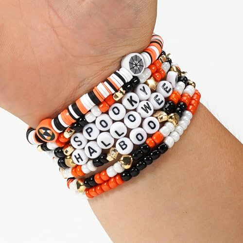 Ardorchid Halloween Bracelets for Women Pumpkin Ghost Steleton Bat Skull Beaded Stackable Stretchy Bracelet Rugby Thanksgiving Christmas Heishi Bracelets2