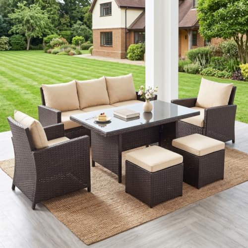 Image of DEVOKO Outdoor 7-Seater Patio Dining Set Sofa with Glass Top Table & Water-Resistant Cushions, Strong Metal Frame for Garden, Porch, Terrace(Dark Brown & Cream)