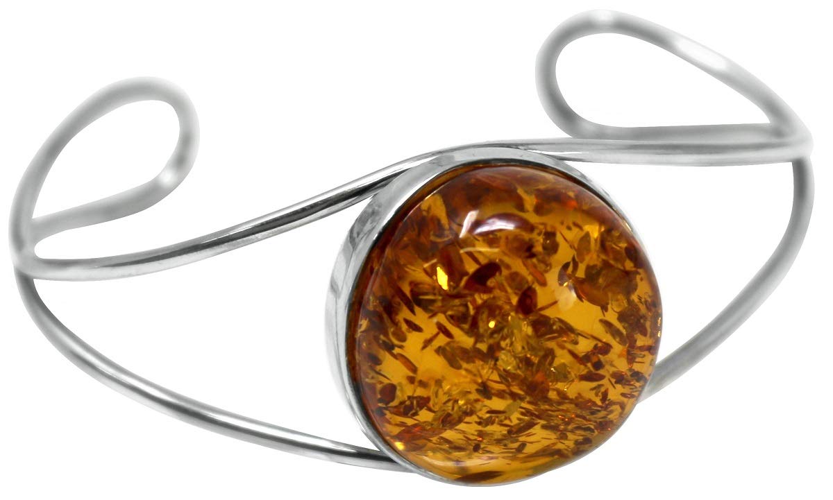 Bernstein Armreif rund, Silberarmband mit großem Bernstein honig, baltischer Naturbernstein