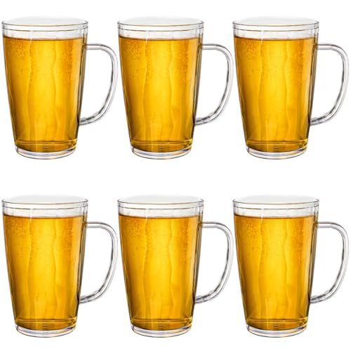Hedume Set of 6 Plastic Beer Mugs, 18 Oz Classic Drinking Cups with Handle, Clear Beer Glasses for Whiskey Juice Cocktail Beverages at Party Bar Home Weddings, Bridal Shower, Reusable