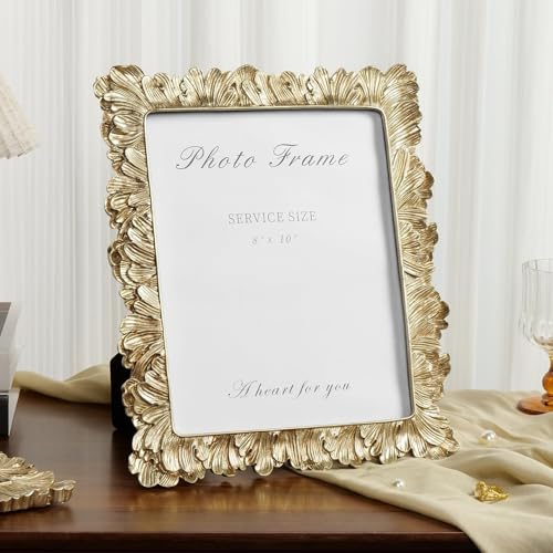 8x10 Picture Frame Vintage Gold Frames, Elegant Photo Frame with Glass Front, Palm Leaves Textured Hand-Crafted Resin Frame for Wall and Tabletop Display Home Decor