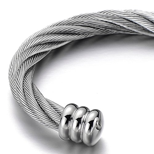 COOLSTEELANDBEYOND Large Elastic Adjustable Steel Twisted Wire Cuff Bangle Bracelet for Men Women3