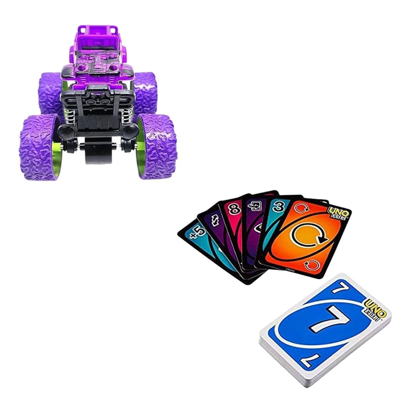 OLIFIN Flip Cards Game for Adults & Family, Double-Sided, 180 Cards | Indoor Card Game for Kids Push and Go Self-Moving Car, Fast & Furious Racing Monster Truck Toy for Kids (Purple)