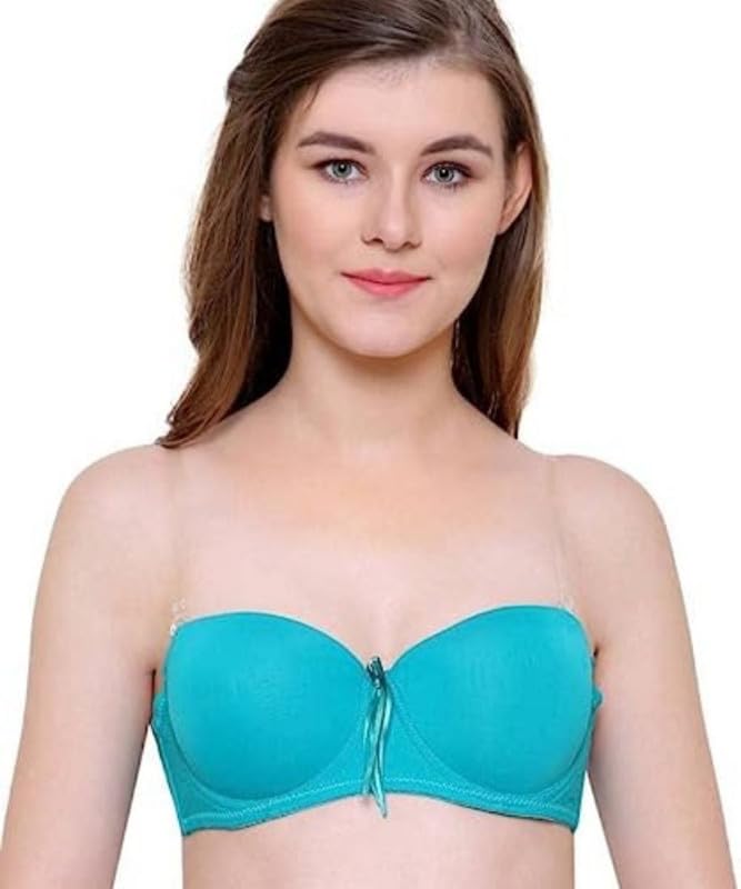 Image of Brachy Women Cotton Nylon Spandex Padded Underwire Strapless Backless Invisible Clear Transparent Back Push up Bra with (Free Extra Transparent Strap)