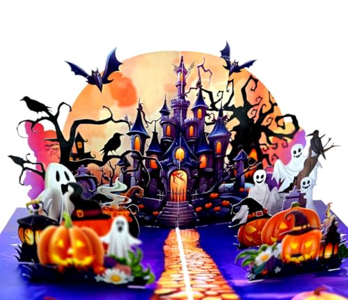 Halloween 3D Pop-Up Karte – Spukschloss mit Geistern, Kürbissen & Fledermäusen – Handgemachte Grußkarte (30×20×15 cm geöffnet) – Gruselige Geschenkidee zu Halloween