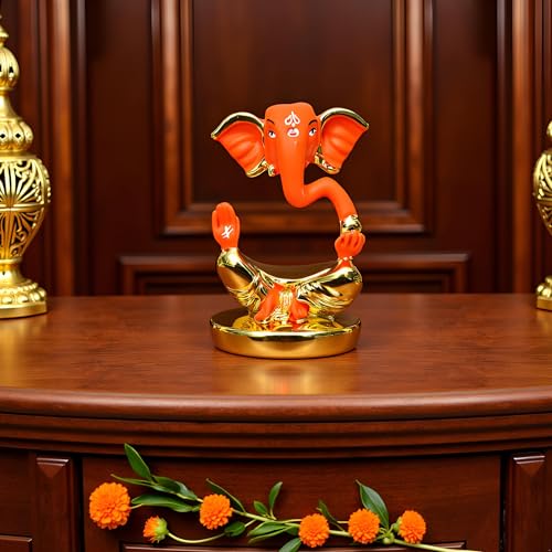 Image of Gold Plated Divine Ganesha | Red & Gold Ganpati Idol for Car Dashboard, Office Desk & Home Temple | Prosperity & Protection|Travel-Friendly |Good Luck & Blessings| Height 1.9 Inch