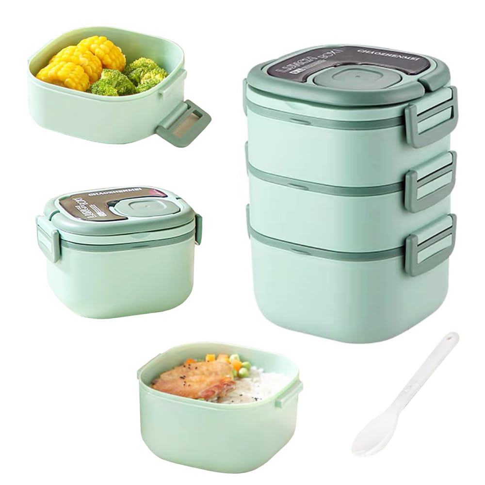 KASTWAVE Large 82-oz Bento Box, All-in-One Salad Container with 3-Layer Tray, Leakproof Food Storage, Reusable Spoon, Microwave Safe for On-the-Go Meals (2400ml)