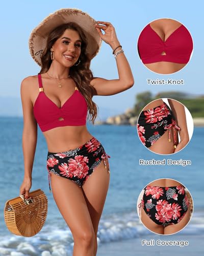 Image of Yonique High Waisted Two Piece Swimsuit-Womens Bikini Set Tummy Control Bathing Suit Modest Full Coverage Bikini 2025