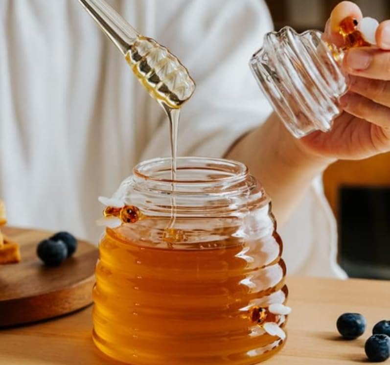 Pot à Miel Avec Abeilles - 500 Ml, Verre Transparent, Avec Cuillère Et Couvercle - Pour Miel, Sirop, Déco Cuisine