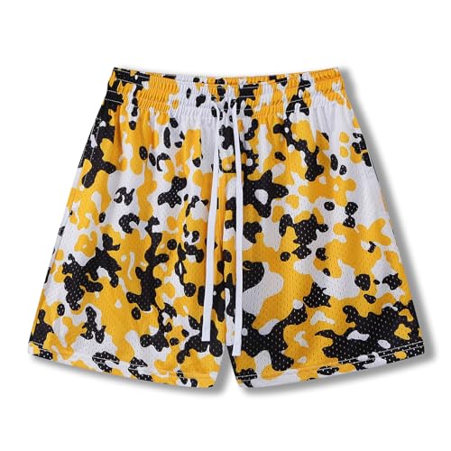 BOOMLEMON Pantalones cortos de malla con estampado gráfico para hombre, casuales, modernos, para verano, activos, baloncesto, calle, pantalones cortos, #7103 Amarillo, Medium