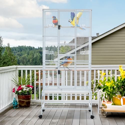 Image of 69'' Extra Large Bird Cage Metal Parrot Cage w /Detachable Stand for Mid-Sized Parrots Cockatiels Conures Parakeets Lovebirds Budgie Finch, White