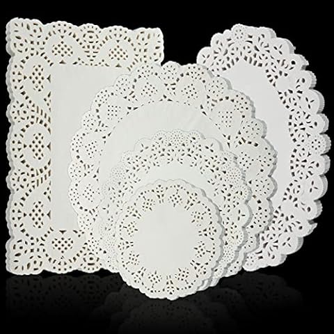 FVIEXE 700 Stück Papierdeckchen, 5 verschiedene Größen, weiße Spitzen-Deckchen für Lebensmittel, Kuchen, Wüste, Handwerk, Kaffee, Einweg-Papier-Tischsets für Hochzeit, Geburtstag, rechteckig, oval) Cover