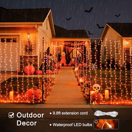 Image of JMEXSUSS 300LED Orange Halloween Curtain Lights with Remote, 9.8x9.8ft