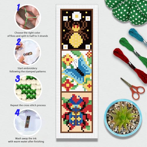 Image of BEUNITONE 6 Pcs Insects Cross Stitch Bookmark Kits for Beginners Bookmark with Butterflies Dragonflies Pattern Counted Cross Stitch DIY Stamped Embroidery with Instructions for Book Lover 8''x2.4''