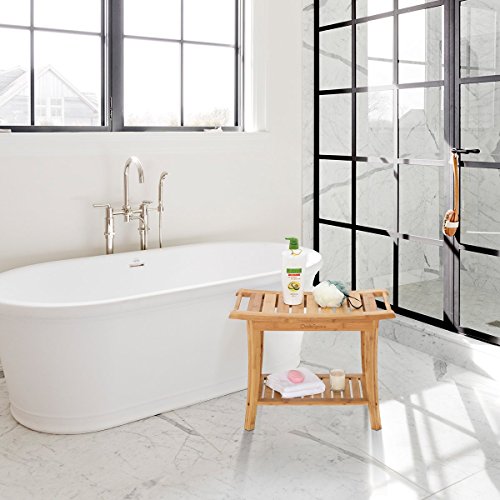 Oasisspace Bamboo Shower Bench, 24" Waterproof Shower Chair With Storage Shelf, Wood Spa Bath Organizer Seat Stool, Perfect For Indoor Or Outdoor #TOP5