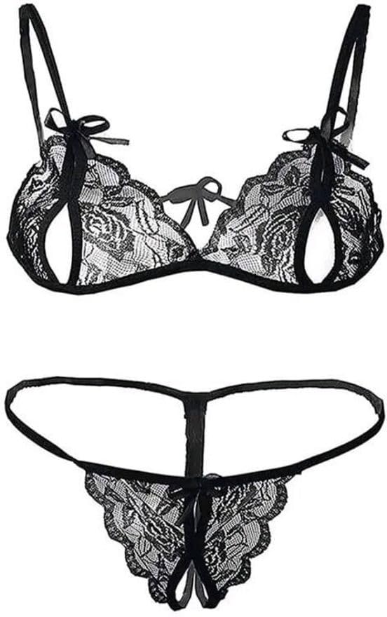 Sexy Women's Floral Lace Bra and Panty Set, Open Cup Sheer Lace Lingerie with Matching G-String, Black-picture-34
