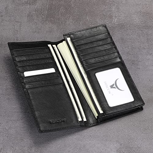 Image of HISCOW Full Grain Leather Men's Long Wallet, 15 Card Slots, Black Vegetable-Tanned Leather, One Size, Classic | Gusseted bill compartment, tall bifold design, clear ID window, ideal for coat pockets or briefcases, turned-edge, gift box