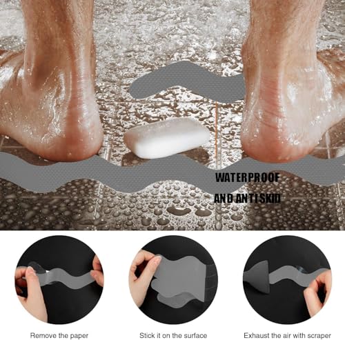 Secopad Anti-Rutsch Aufkleber 24 Stk Sicherheitsstreifen für Badewanne, Klebende Sticker mit Premium Schaber für Badewanne, Dusche, Treppe (Grau)