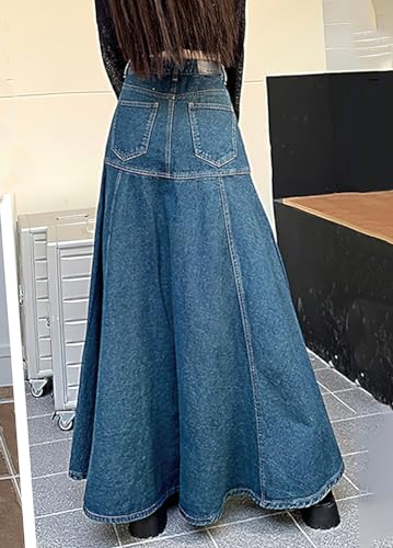 chouyatou Women's Summer Casual A-Line Flared High Waist Long Jean Skirt Pleated Fishtail Maxi Denim Skirt4
