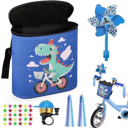 COZCLAM Cesta de Bicicleta para Niños, Bolsa para Manillar con Timbre, Rueda de Viento, Serpentinas, Azul