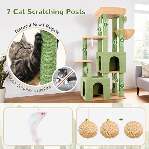 Image of Globlazer Cactus Cat Tower for Indoor Cats, Heavy Duty Cat Trees for Large Cats Adult Big Cats Maine Coon Cat Tree Tower with Scratching Post, Extra Large Top Perch, Cat Condos, F61, Green, 61inch