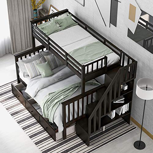 Twin-Over-Full Bunk Bed with Drawer,4 Storage and Guard Rail, Twin-Over-Full Bunk Bed for Bedroom, Dorm, for Family,Teens,No Box Spring Needed Twin-Over-Full Bunk Bed with Drawer,4 Storage and Guard Rail, Twin-Over-Full Bunk Bed for Bedroom, Dorm, for Family,Teens,No Box Spring Needed