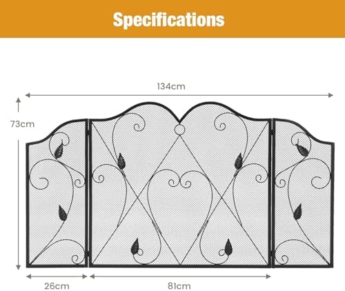 GiantexUK 3-Panel Folding Fireplace Screen, 134 x 73cm Heavy Duty Metal Mesh Spark Guard, Decorative Freestanding Spark Protection Fire Guard Barrier for Child Baby Pet Open Fire