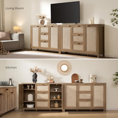 Image of SICOTAS Rattan 52 Inch Sideboard Buffet Coffee Bar Cabinet with 3 Drawers | 2 Pieces Farmhouse Boho Credenza Storage Cabinet with Large Storage, Console Table for Living Room, Kitchen, Entryway