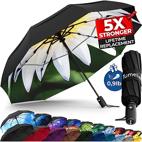 TUMELLA Stärkster sturmfester Reiseschirm (kompakt und hochwertig), kleiner, robuster, aber leichter, tragbarer und automatisch zusammenklappbarer Regenschirm, langlebiger Premium-Griff