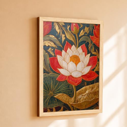 Image of PAINTINGMANTRA Traditional Indian Textured Embossed Lotus Framed Wall Art Painting for wall decoration, Red & Gold Blooming Lotus Motifs Poster with frame for living room, bedroom, Home and office, 10x13 Inch