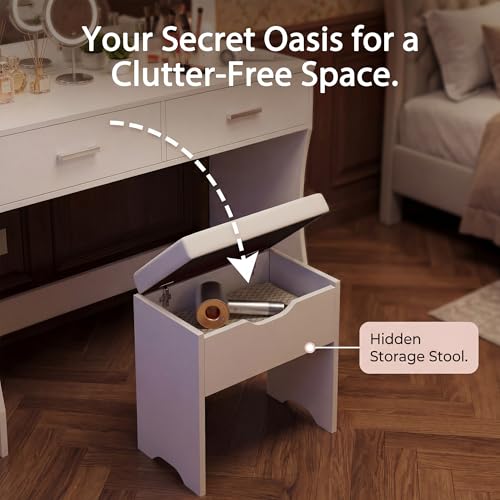Image of YESHOMY Vanity Desk with Mirror,Makeup Vanity Table with 11 Adjustable Lights and 2 Spacious Drawers,3 Lighting Modes with Control&Soft-Padded Storage Stool,Modern Bedroom Vanity Set, Pure White